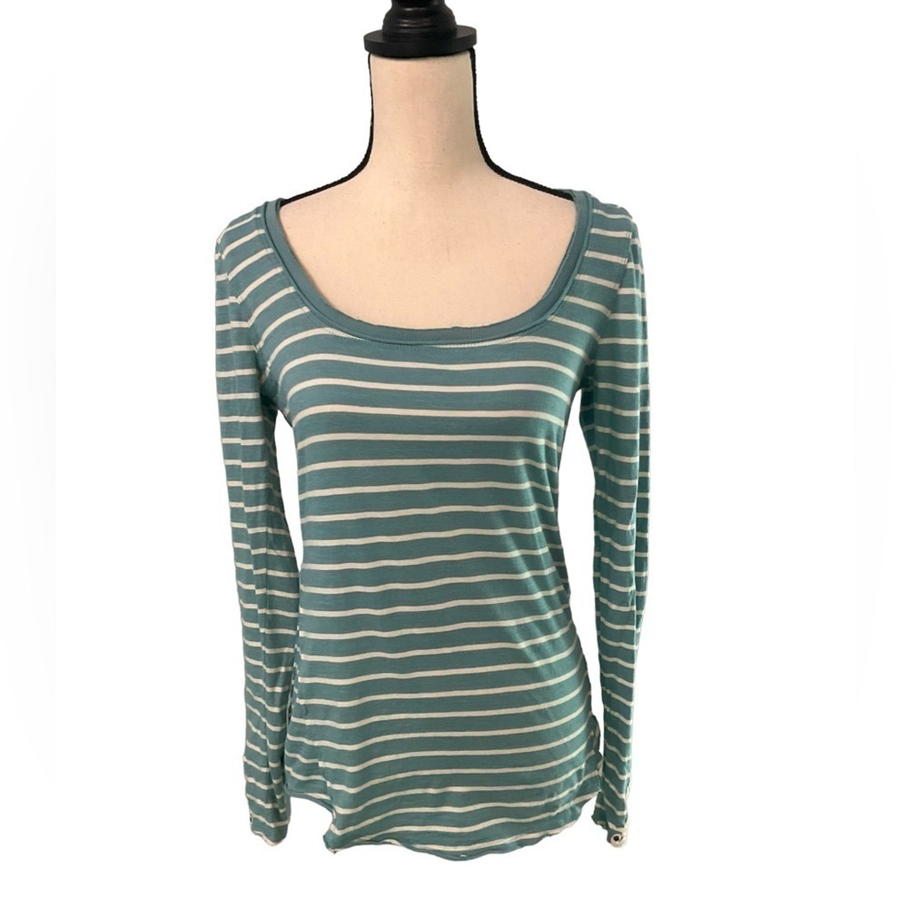 Free People Teal Striped Crochet Sleeve Cotton Long Sleeve Top Size Medium